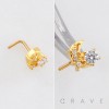 MULTI CZ CELESTIAL CRESCENT MOON AND STARS 316L SURGICAL STEEL L-SHAPE NOSE RING